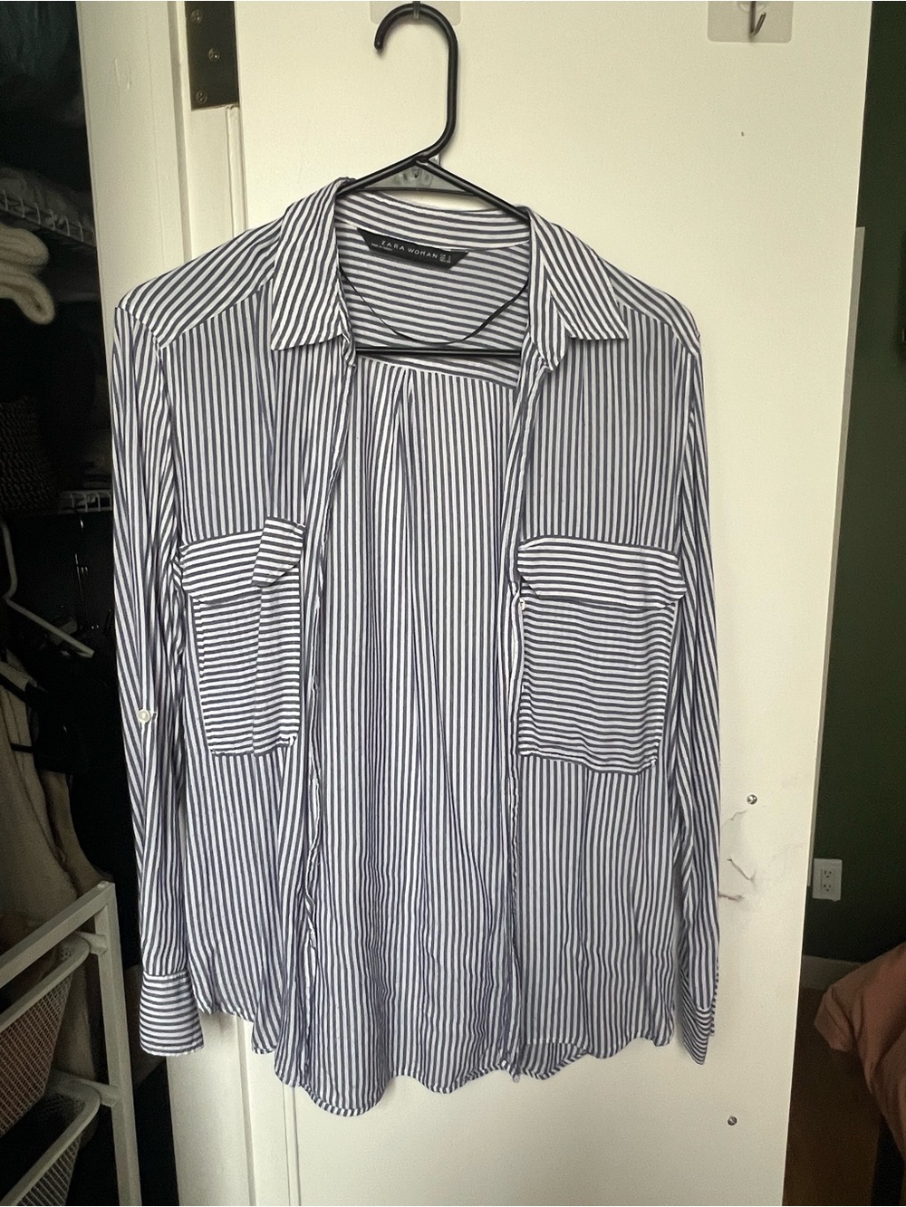 Zara Navy and White Vertical Stripe Button-Down Shirt